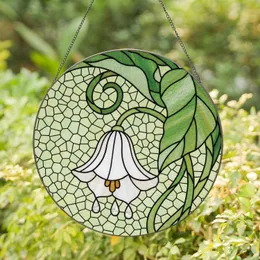 White Bell Flower Amber Stamen Droplets Green Stems - Stained Glass Home Decor Gift Stained Glass Suncatcher