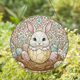 Fluffy White Baby Bunny Peeking Easter Egg Spring Garden Blossoms - Home Decor Gift Stained Glass Suncatcher