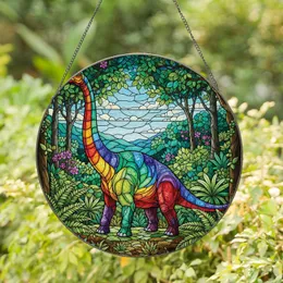 Rainbow Brontosaurus Prehistoric Forest Lush Plants - Home Decor Gift for Dinosaur Lover Stained Glass Suncatcher