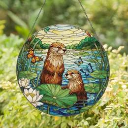Playful Otters Water Lily Lotus Butterflies Aquatic Garden - Wildlife Home Decor Gift Stained Glass Suncatcher