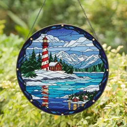 Prominent Striped Lighthouse Cabin Snow-Capped Mountains Winter Coastal Landscape – Home Decor Gift Stained Glass Suncatcher