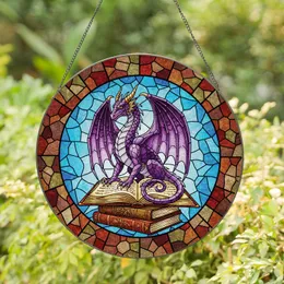 Purple Dragon Ancient Spellbook Stacked Books - Home Decor Gift for Fantasy Lovers Stained Glass Suncatcher