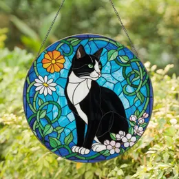Tuxedo Cat Orange Flower Daisy Apple Blossom Stained Glass Mosaic - Home Decor Gift for Cat Lover Stained Glass Suncatcher