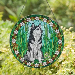 Husky Dog Blue Eyes Wildflower Border - Wildlife Lover Home Decor Gift for Dog Lover Stained Glass Suncatcher