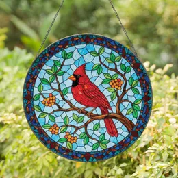 Northern Cardinal Stained Glass Branch Berries - Bird Watcher Home Decor Gift Stained Glass Suncatcher