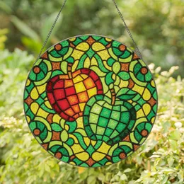 Stained Glass Apples Green Leaves Geometric Organic Mosaic Lead Lines - Home Decor Gift Stained Glass Suncatcher