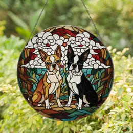 Boston Terrier Dogs Clouds Foliage - Year-Round Home Decor Gift for Dog Breed Lovers Stained Glass Suncatcher