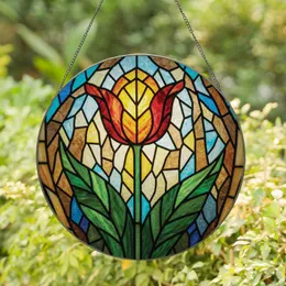 Blossoming Stained Glass Tulip Flower with Green Leaves Jewel Tones - Home Decor Gift for Garden Lover Stained Glass Suncatcher