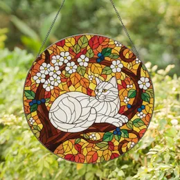 Fluffy White Cat Golden Eyes Autumn Leaves Flowers Berries Branch - Home Decor for Cat Lovers Stained Glass Suncatcher