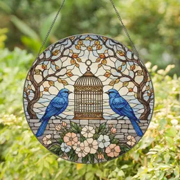 Blue Songbirds Birdcage Stone Wall Peach Flowers Autumn Leaves - Home Decor Gift for Bird Lovers Stained Glass Suncatcher
