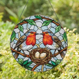 European Robins Bird Nest Eggs, Green Leaves, Slender Branches Wildlife Home Decor Gift Stained Glass Suncatcher