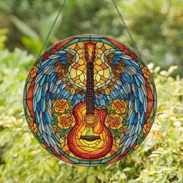 Acoustic Guitar Feathered Wings Orange Roses - Music Lover Home Decor Gift Stained Glass Suncatcher