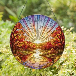 Jewel Tone Autumnal Winding River Radiating Sunset Glowing Sky - Home Decor Gift Stained Glass Suncatcher