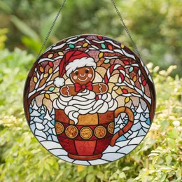 Gingerbread Man Santa Hat Mug Candy Cane Winter Holiday Scene - Christmas Home Decor Stained Glass Suncatcher