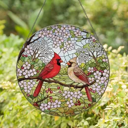 Red Male Female Cardinal Pair & Cherry Blossom - Translucent Tiffany Style Spring Garden Art Stained Glass Suncatcher