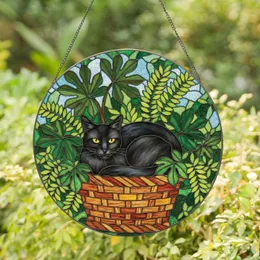 Black Cat Stained Glass Tiffany Mosaic - Woven Basket Detailed Garden Foliage Art Stained Glass Suncatcher