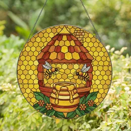 Beehive Honey Jar Worker Bees Honeycomb Tiffany Stained Glass Art - Golden Honey Green Leaves Stained Glass Suncatcher
