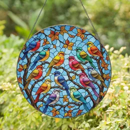 Nine Songbirds Stained Glass Tiffany Style Artwork Autumn Leaves Jewel Tones Blue Sky Mosaic Stained Glass Suncatcher