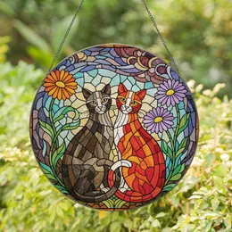 Tiffany Style Stained Glass Two Cats Daisy Flowers - Intricate Jewel Tone Cat Lover Gift Stained Glass Suncatcher