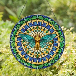 Intricate Cicada Stained Glass Art, Teal Green Gold Amber Jewel Tone Mosaic Border Stained Glass Suncatcher
