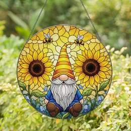 Cheerful Garden Gnome Sunflowers Bees Blue Flowers Stained Glass Tiffany Art Mosaic Home Decor Gift Stained Glass Suncatcher
