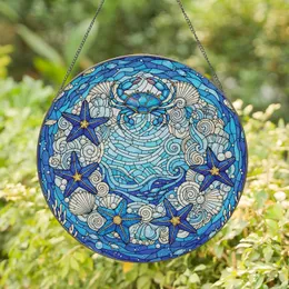 Intricate Stained Glass Marine Life Wreath Ocean Waves Coral Reefs Starfish Crab Shells Blue Gold Stained Glass Suncatcher