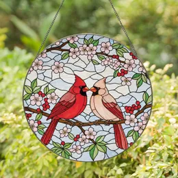 Red Cardinal Peach Bird Cherry Blossom Berries Branch - Tiffany Stained Glass Art Stained Glass Suncatcher