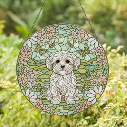 Maltese Dog Stained Glass Art, Flowers & Butterflies, Intricate Tiffany Style Nature Scene Stained Glass Suncatcher