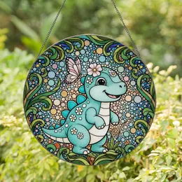 Baby Dinosaur Butterfly Flowers Teal Scutes Stained Glass Mosaic Foliage Bubbles Stars Stained Glass Suncatcher