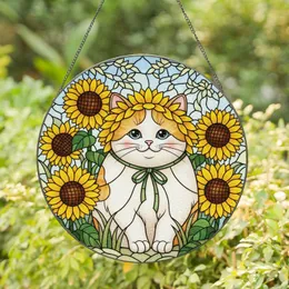 Sweet Fluffy Cat Sunflower Bonnet Stained Glass Art - Vibrant Sunflowers Home Decor Stained Glass Suncatcher