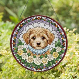 Fluffy Puppy Stained Glass Design with Rose Wreath & Geometric Mosaic Tiffany Style Stained Glass Suncatcher
