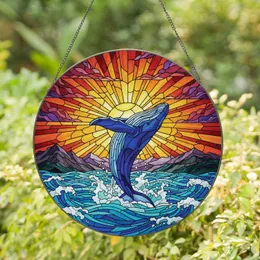 Majestic Blue Whale Breaching Ocean Waves Radiant Sunset Mosaic Stained Glass Art Stained Glass Suncatcher