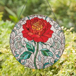 Red Rose Multi-Faceted Leaves Swirling Filigree Mosaic Garden Vista - Home Decor Gift Stained Glass Suncatcher