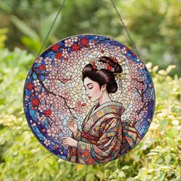 Japanese Woman Updo Kimono Sakura Blossom Fractured Glass - Asian Home Decor Gift Stained Glass Suncatcher