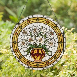 Tiffany Lilies Bouquet Amber Ruby Red Vase Golden Amber Jewel Border Mosaic - Home Decor Gift Stained Glass Suncatcher