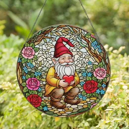 Joyful Gnome Long White Beard Holding Red Heart with Roses Blue Flowers - Home Decor Gift Stained Glass Suncatcher