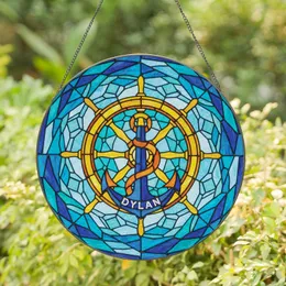 Nautical Ship Wheel Anchor Custom Name - Tiffany Glass Mosaic Ocean Waves Blue Teal Gift Stained Glass Suncatcher