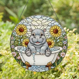 Chubby Baby Hippo Bathtub Sunflowers - Jewel Tone Tiffany Style Garden Mosaic Decor Stained Glass Suncatcher