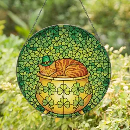 Ginger Tabby Cat Leprechaun Hat Golden Pot Shamrocks Stained Glass - St. Patrick's Day Gift for Cat Lovers Stained Glass Suncatcher