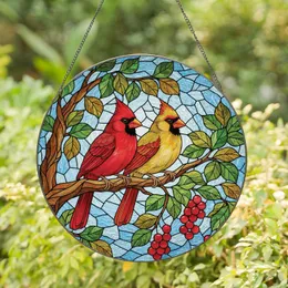 Male Female Cardinal Birds, Stained Glass Art, Green Leaves, Red Berries, Mosaic Sky Stained Glass Suncatcher