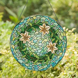Lily Flower Wreath Vines Stained Glass Art - Tiffany Style Jewel Tone Sunlight Mosaic Stained Glass Suncatcher