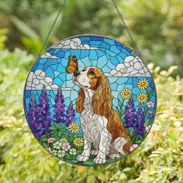 Cocker Spaniel Dog Monarch Butterfly Stained Glass Purple Lupines Yellow Daisies Stained Glass Suncatcher