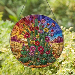 Blooming Cacti Desert Landscape - Home Decor Gift for Plant Lover Stained Glass Suncatcher