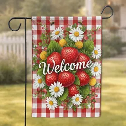Welcome Strawberries Daisies Bees Gingham Foliage - Home Decor Gift Garden Flag