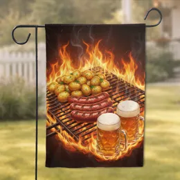 Flaming Grill Sausages Beer - Backyard Cookout Summer Party Decor Garden Flag
