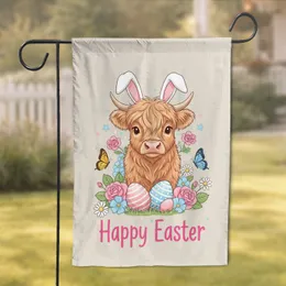 Baby Highland Cow Bunny Ears Pastel Flowers Easter Eggs - Happy Easter Decor Garden Flag