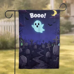 Boooo! Cartoon Ghost Graveyard Smiling Moon Bats Night Scene - Halloween Decor Garden Flag