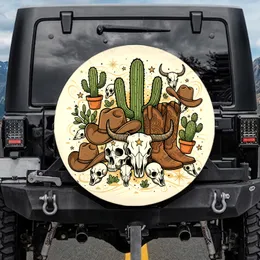 Saguaro Cactus Cowboy Hat Boots Skulls - Western Car Decor Gift for Desert Lover Spare Tire Cover