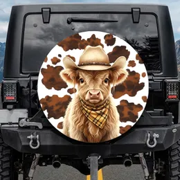 Fluffy Baby Highland Cow Cowboy Hat Plaid Bandana Cowhide Spots - Rustic Farmhouse Decor Spare Tire Cover