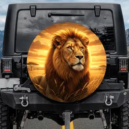 Majestic Male Lion Golden Savanna Sunset Acacia Trees African Landscape - Wildlife Lover Gift Spare Tire Cover